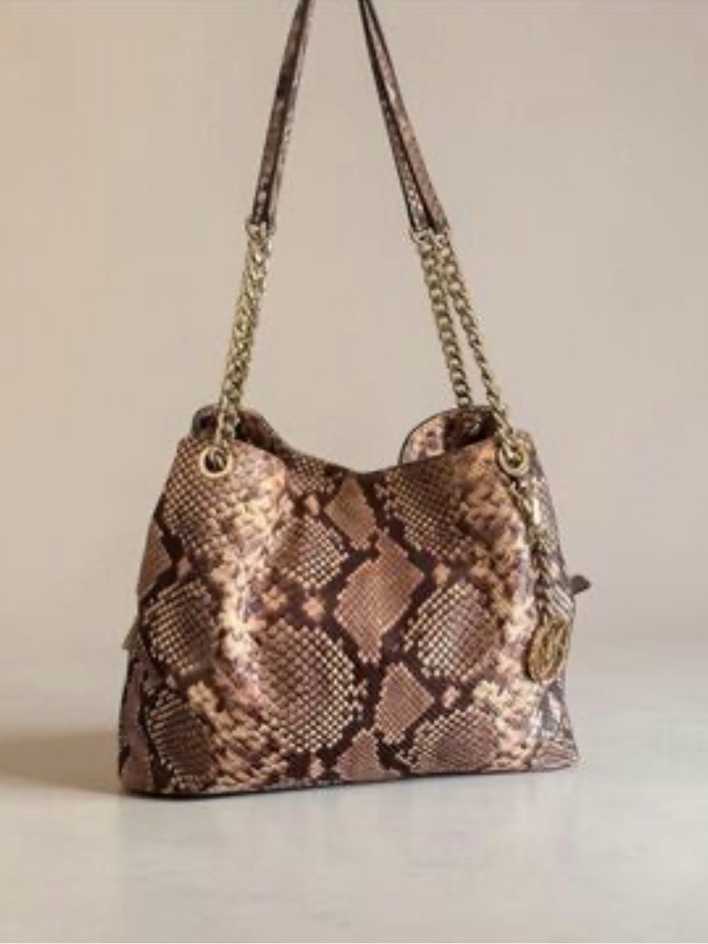 Michael Kors Snake-Print Shoulder Bag in‎ Brown and Tan with Gold Chain Straps
